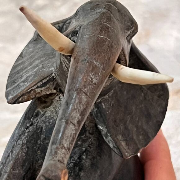 Vintage Hand Carved Elephant With Tusks Trunk Down Dark Wood Sculpture 5" Tall - Picture 9 of 15